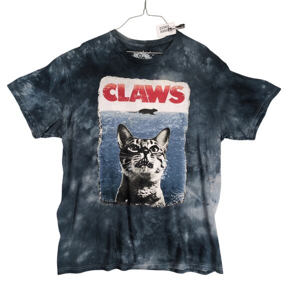 ODM Claws Cat Shark Jaws Men's L Graphic T-Shirt Gray Tie-Dye Funny Art Summer - Picture 1 of 10